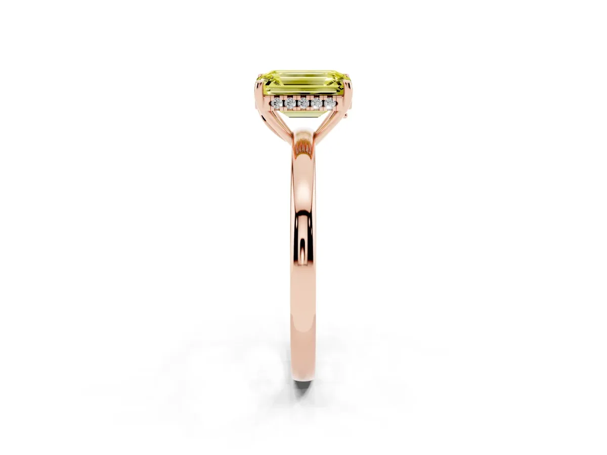 Fancy Yellow Emerald Cut Solitaire Diamond Ring with Prong Setting and Plain Band Rose gold