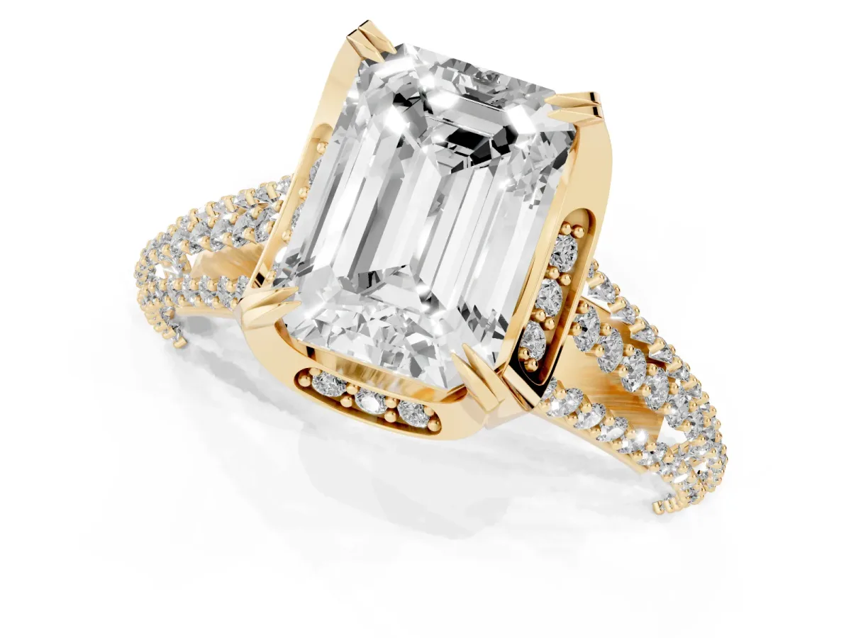 Emerald Cut Solitaire Pave Split Shank Ring with Four-Prong Setting Yellow gold