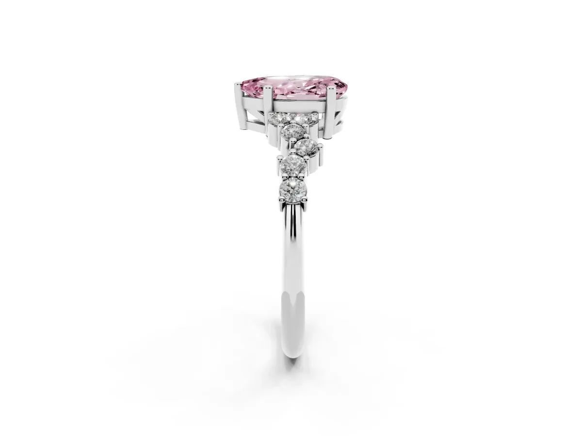 Fancy Pink Pear Cut Diamond Scattered Round Accent Ring with Prong Setting Silver