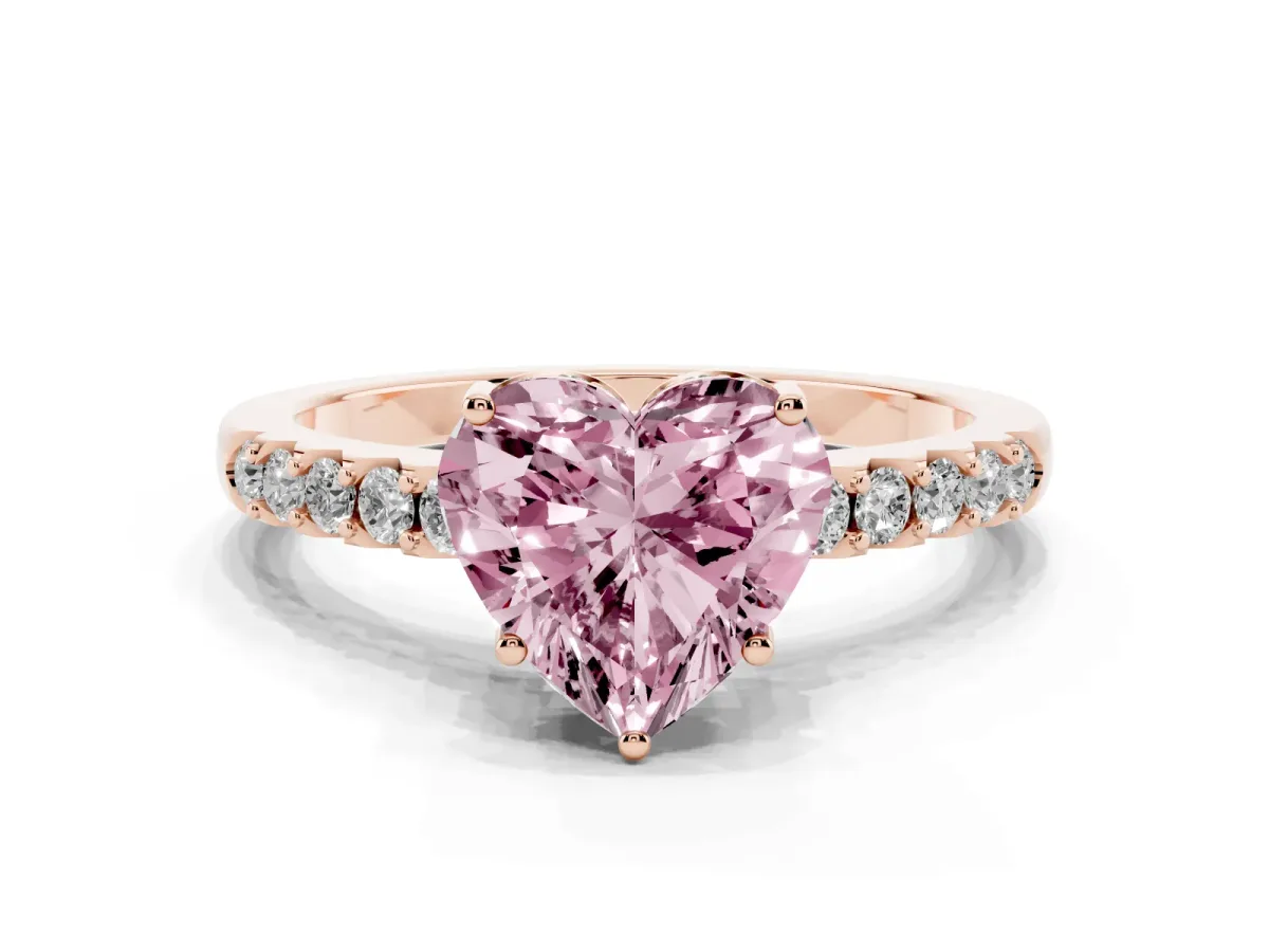 Fancy Pink Heart Cut Solitaire Diamond Engagement Ring with Pavé Band and Six-Prong Setting Rose gold