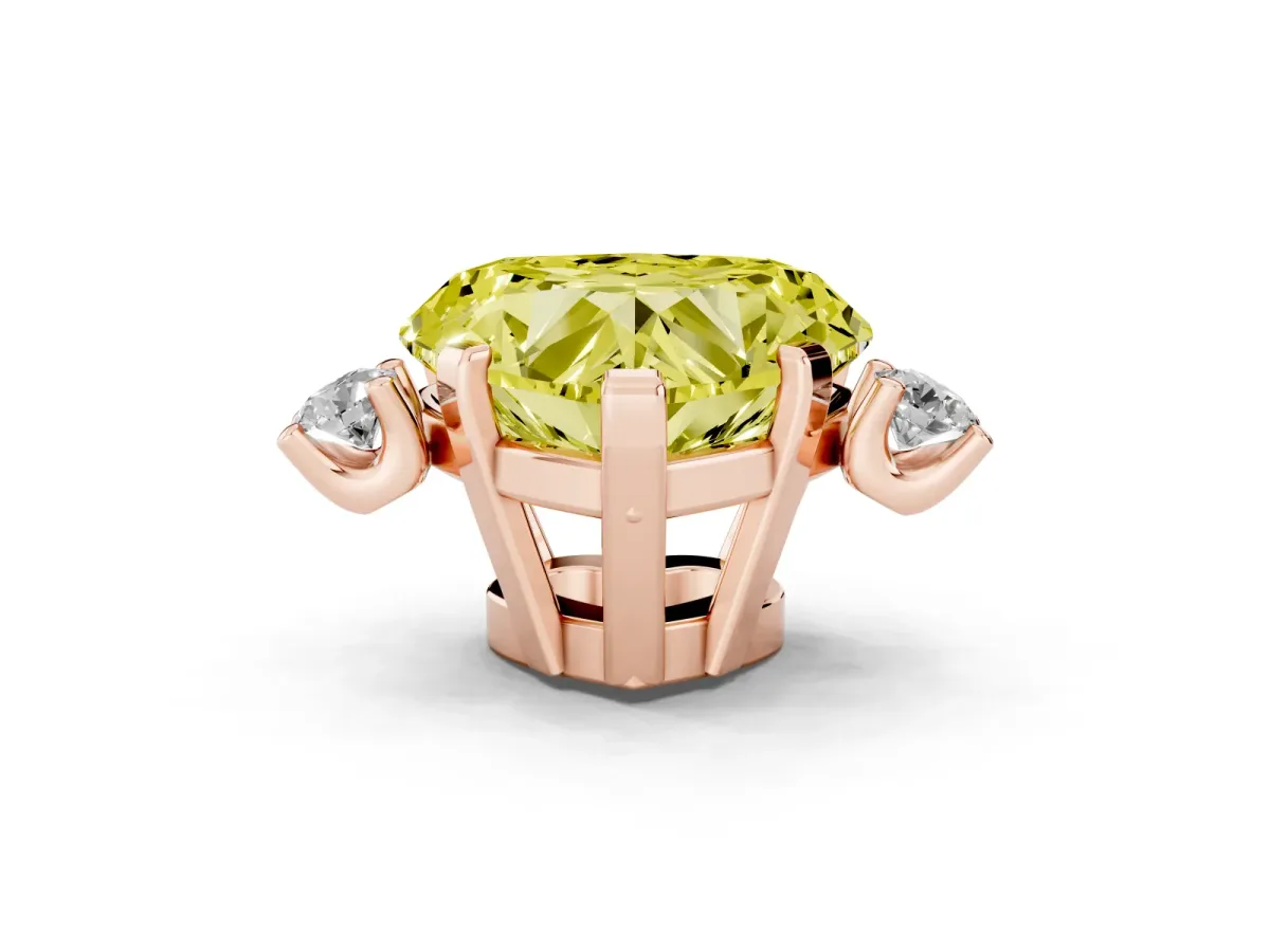 Fancy Yellow Heart Cut Cut Three-Stone Solitaire Ring with Round Accent Diamonds and Four-Prong Setting Rose gold