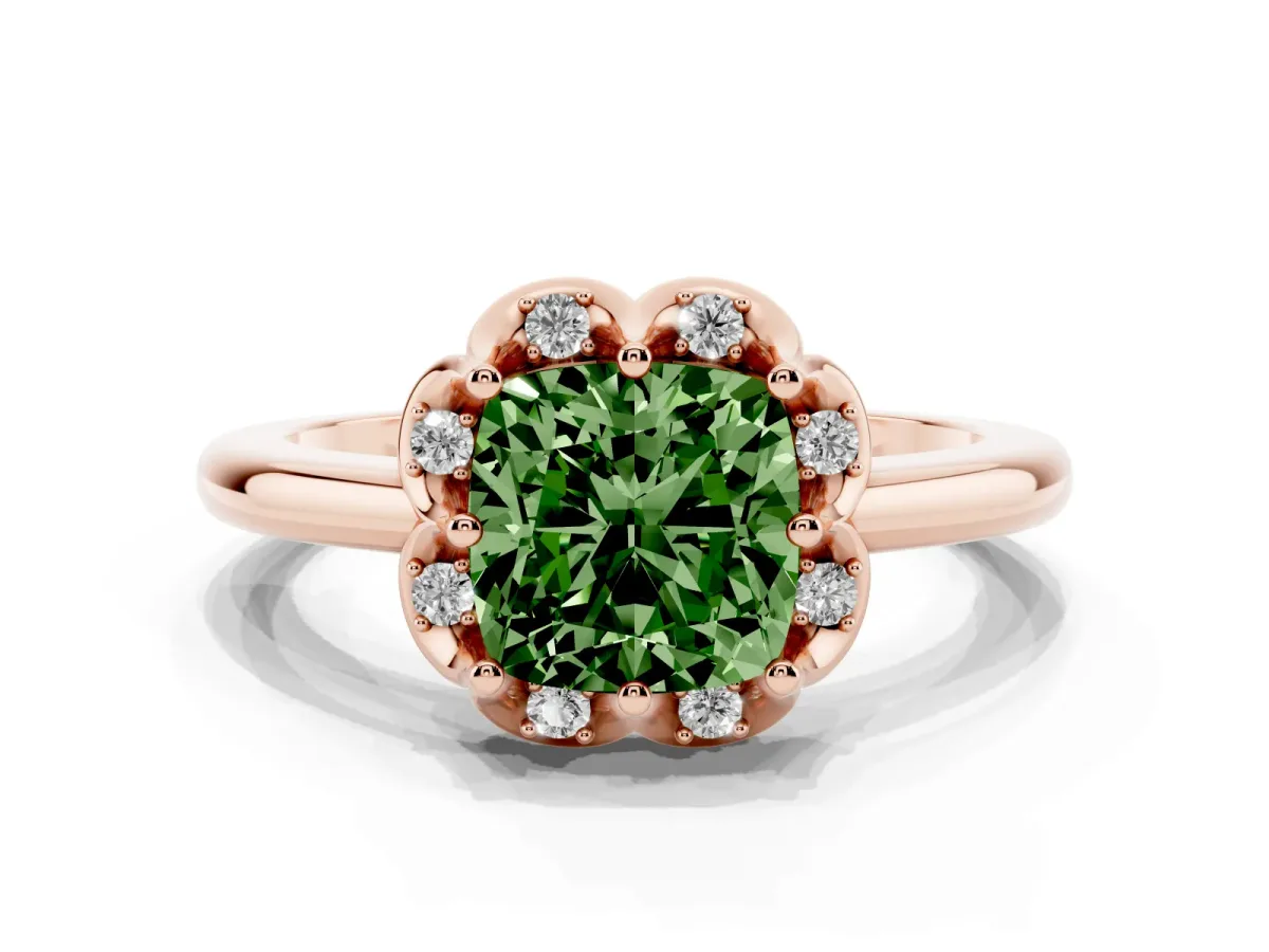 Fancy Green Cushion Cut Halo Diamond Ring with Round Cluster Setting, Solitaire Band, and Four-Prong Setting Rose gold