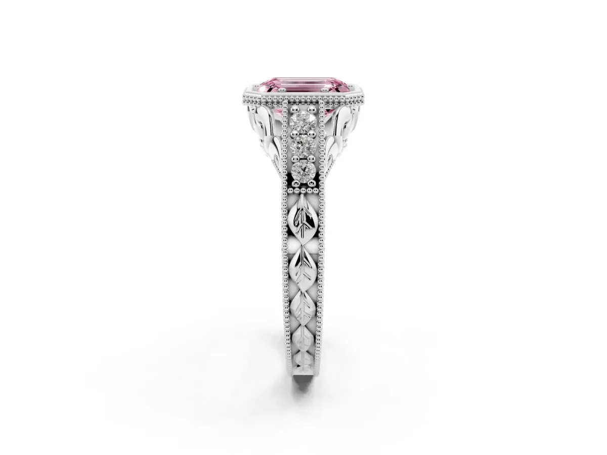 Fancy Pink Bezel Set Emerald Cut Diamond Milgrain Pave Engagement Ring Platinum
