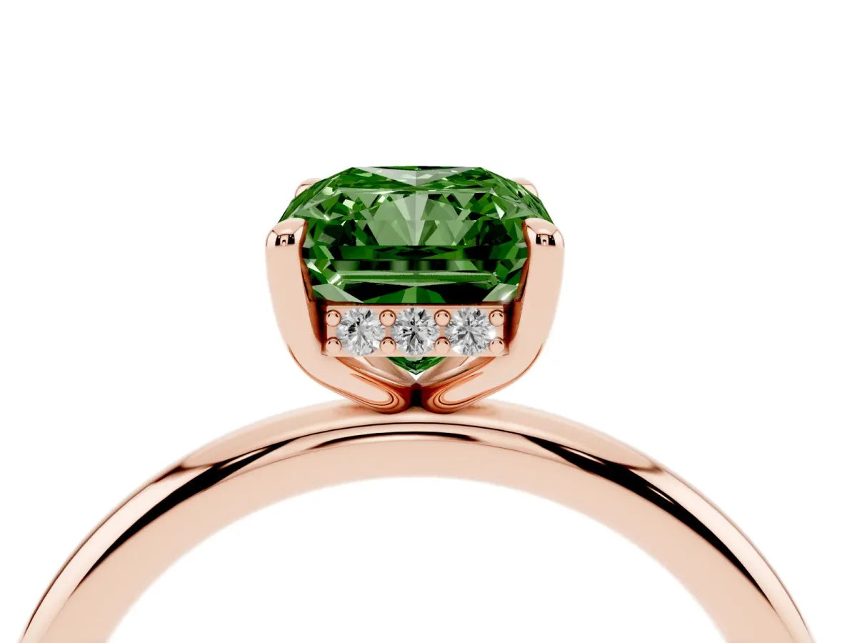 Fancy Green Radiant Cut Diamond Solitaire Ring with Thin Band and Four-Prong Setting Rose gold