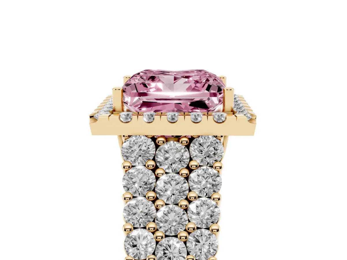 Fancy Pink Princess Cut Diamond Halo Engagement Ring with Triple Row Round Pavé Band and Prong Setting Yellow gold