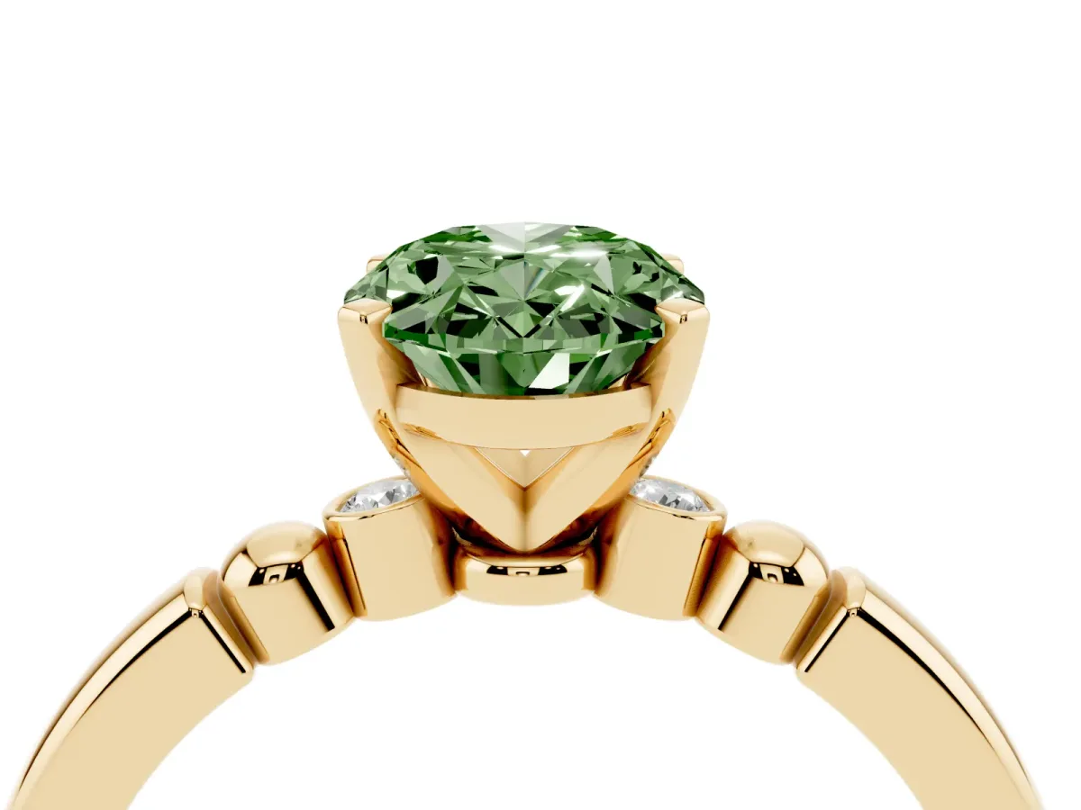Fancy Green Oval Cut Solitaire Beaded Band with Four-Prong Setting Yellow gold