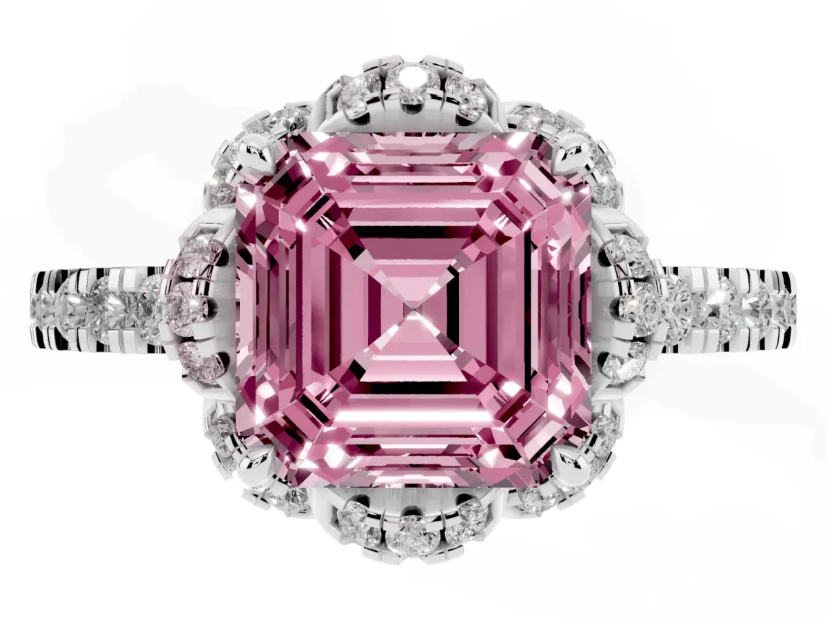 Fancy Pink Asscher Cut Halo Diamond Pave Band Ring with Four-Prong Setting Silver