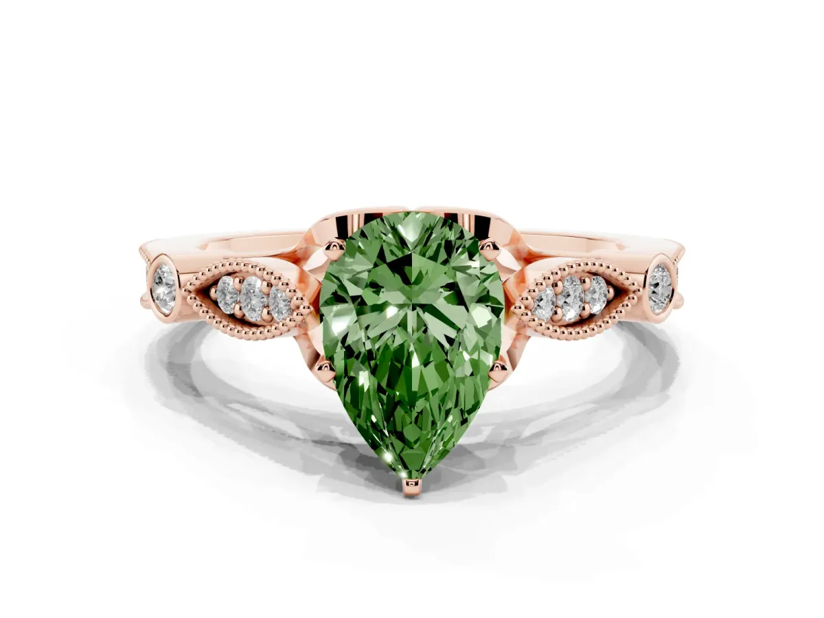 Fancy Green Pear Cut Cut Diamond with Milgrain Marquise and Bezel Accents on a Solitaire Band with Prong Setting Rose gold
