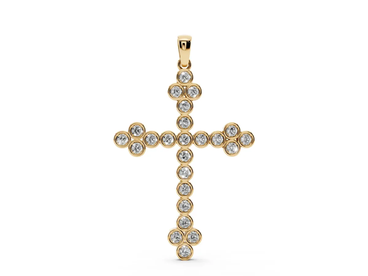 Round Diamond Bezel Set Cross Pendant Yellow gold