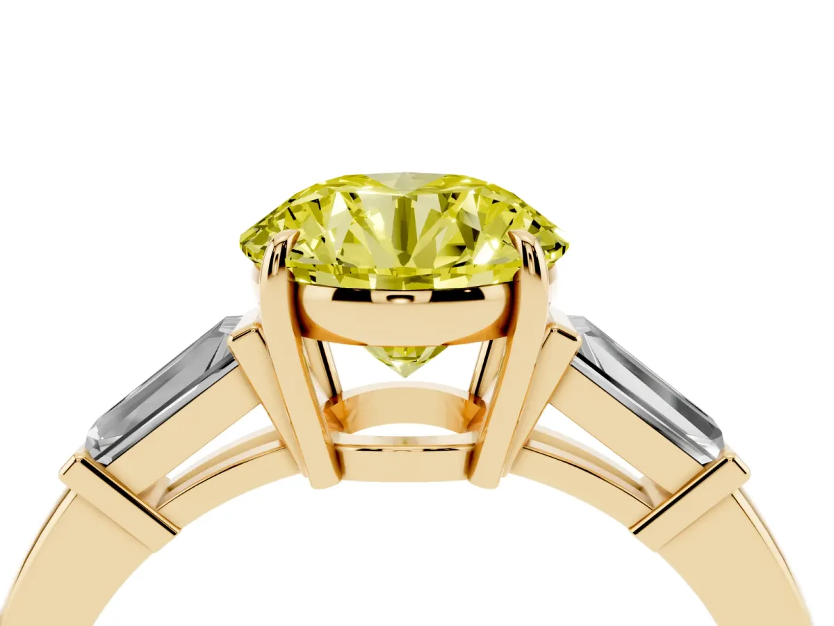 Fancy Yellow Round Cut Diamond Three-Stone Ring with Tapered Baguette Side Stones and Prong Setting Yellow gold