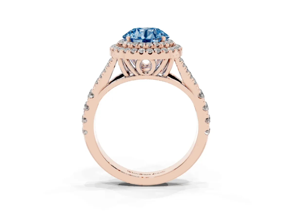 Fancy Blue Double Halo Round Cut Diamond Split Shank Engagement Ring with Four-Prong Setting Rose gold