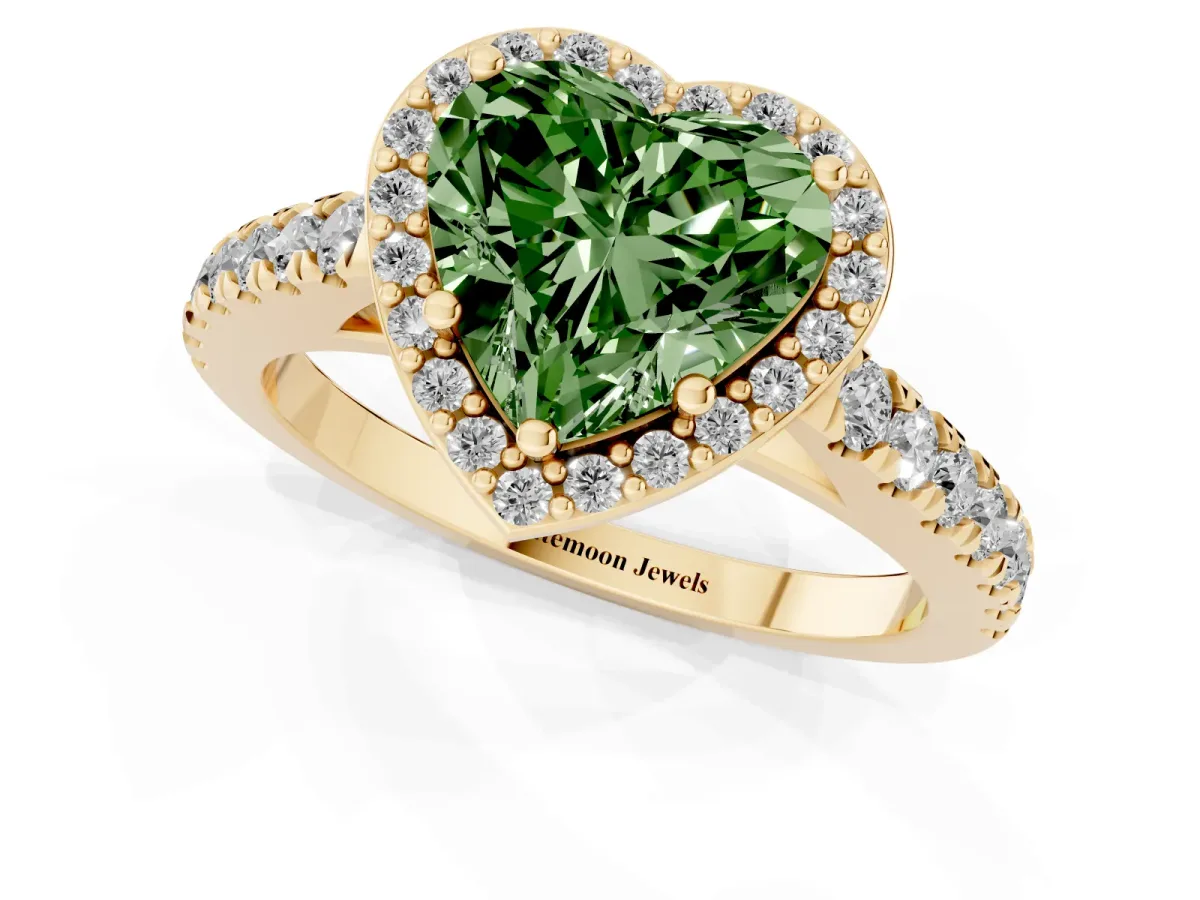 Fancy Green Heart Cut Cut Halo Diamond Engagement Ring with Pave Band and Four-Prong Setting Yellow gold