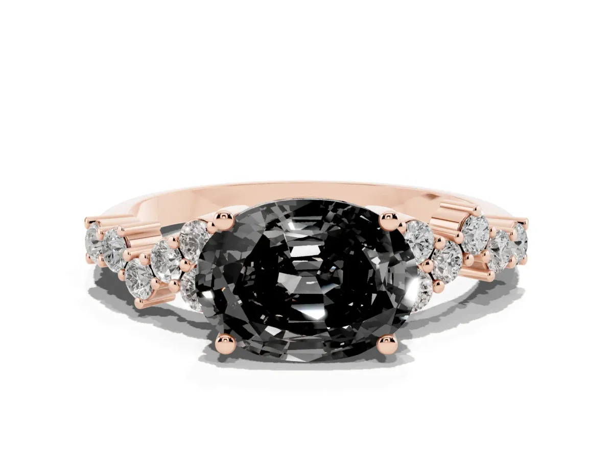 Fancy Black Oval Cut Diamond Scattered Round Accent Ring with Prong Setting Rose gold