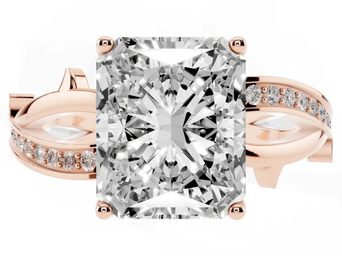 Radiant Cut Solitaire Twist Band with Pavé Accents and Four-Prong Setting Rose gold