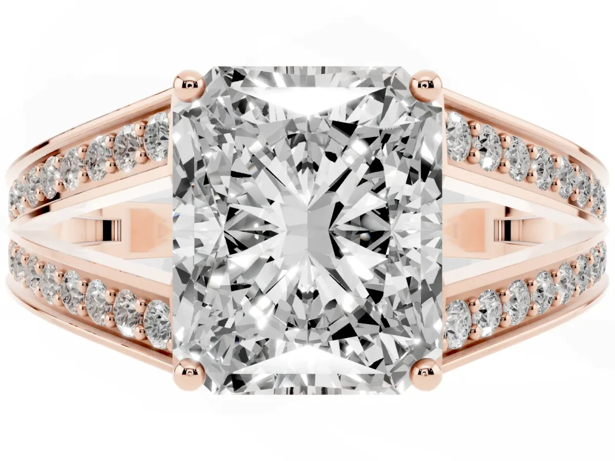 Radiant Cut Diamond Split Shank Ring with Pavé Band and Four-Prong Setting Rose gold