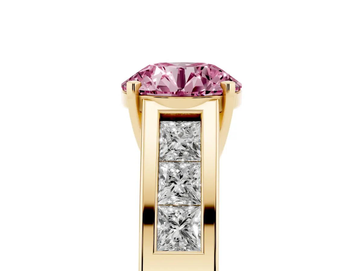 Fancy Pink Round Cut Cut Channel Set Solitaire Ring with Four-Prong Setting Yellow gold