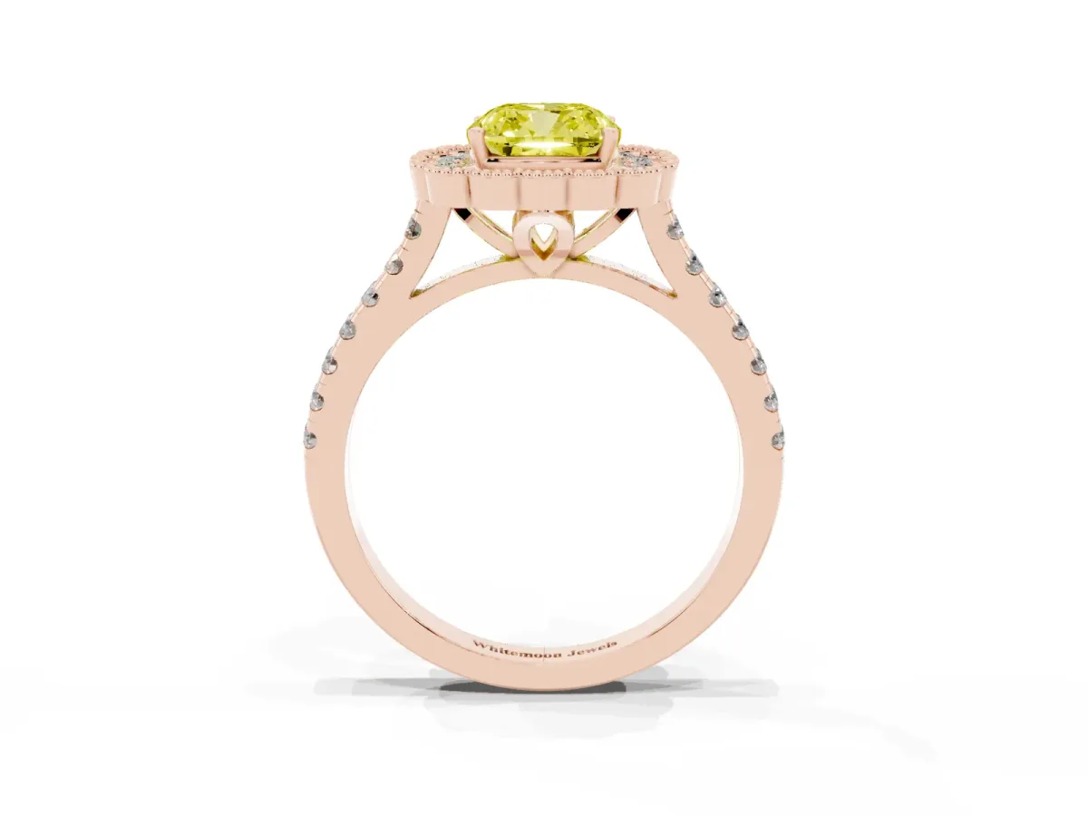 Fancy Yellow Cushion Cut Cut Diamond Milgrain Floral Halo Engagement Ring with Pavé Band Rose gold