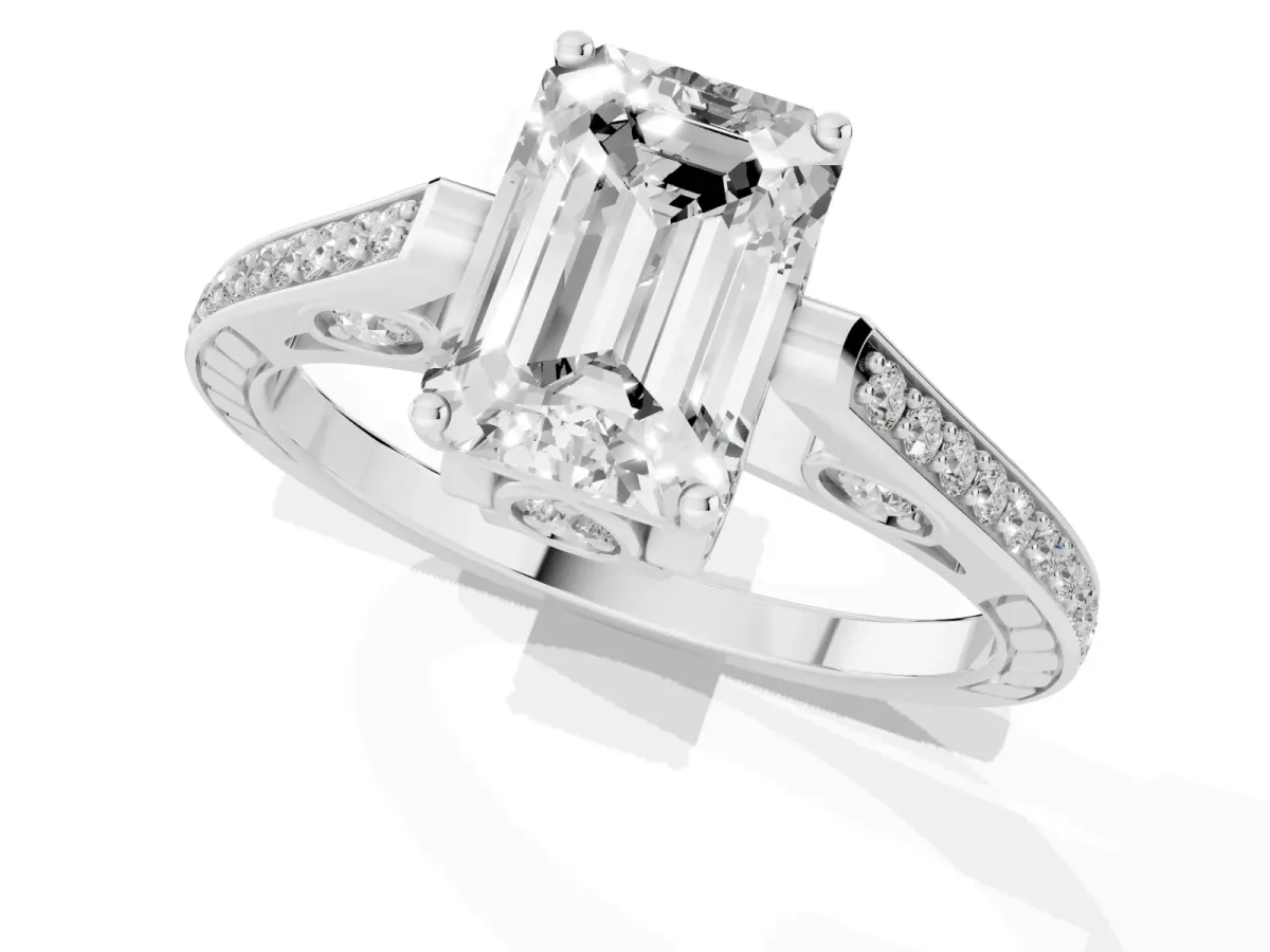 Emerald Cut Cut Cathedral Pave Diamond Engagement Ring with Six-Prong Setting Platinum