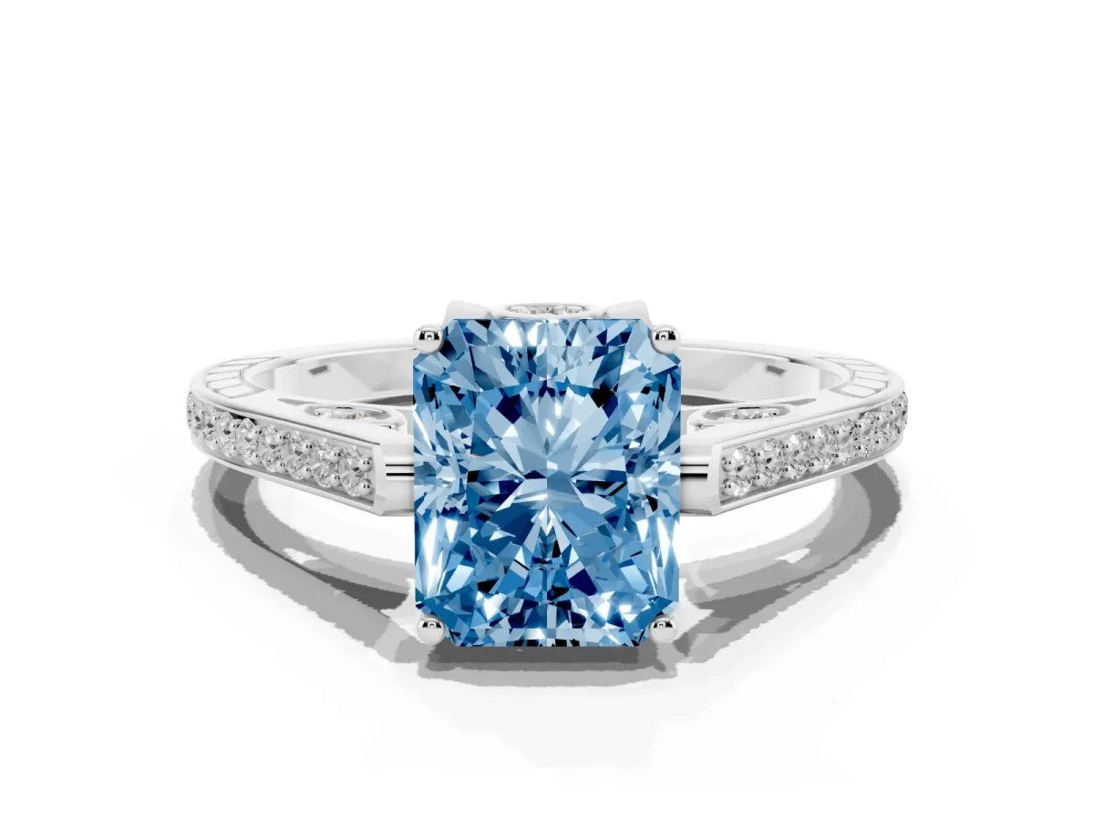 Fancy Blue Radiant Cut Cut Cathedral Pave Diamond Engagement Ring with Six-Prong Setting Silver