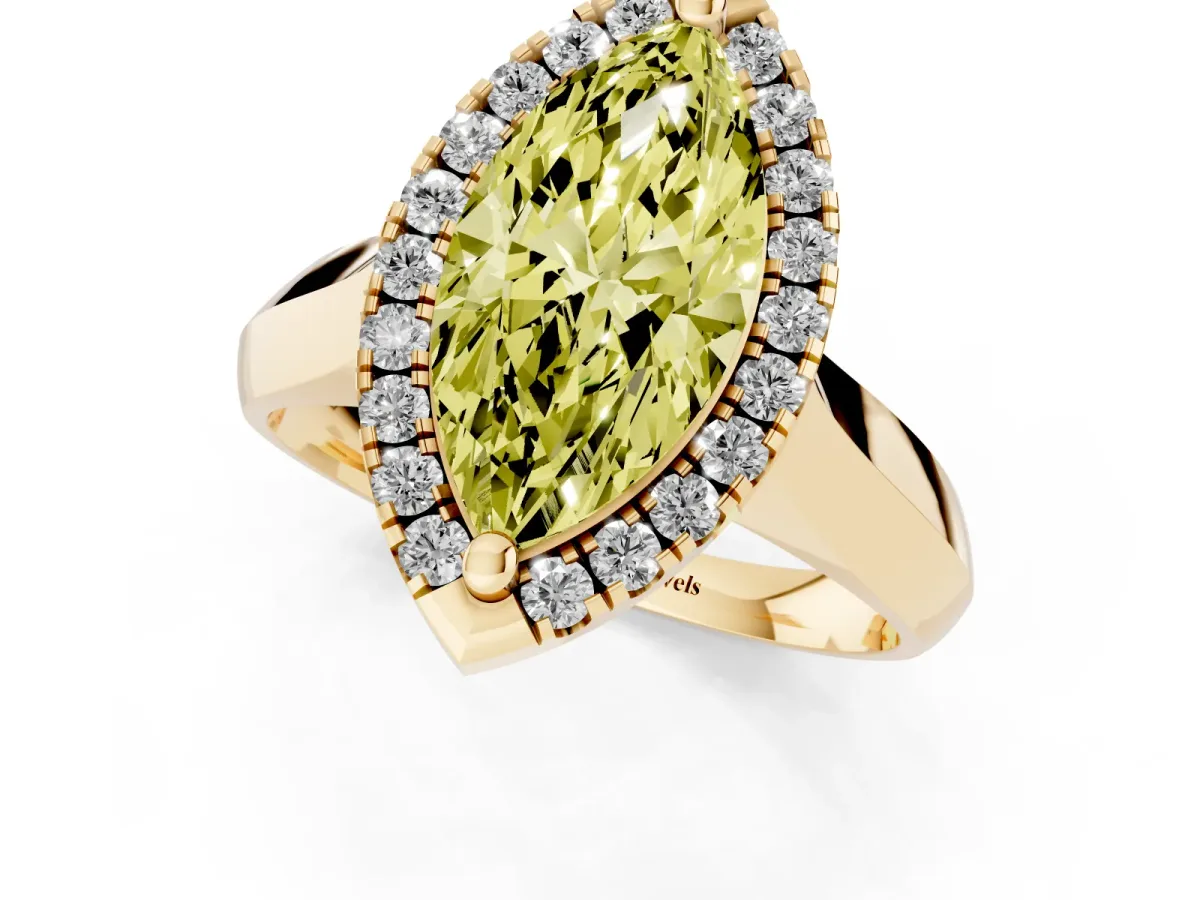 Fancy Yellow Marquise Cut Cut Halo Solitaire Engagement Ring with Square Band and Four-Prong Setting Yellow gold