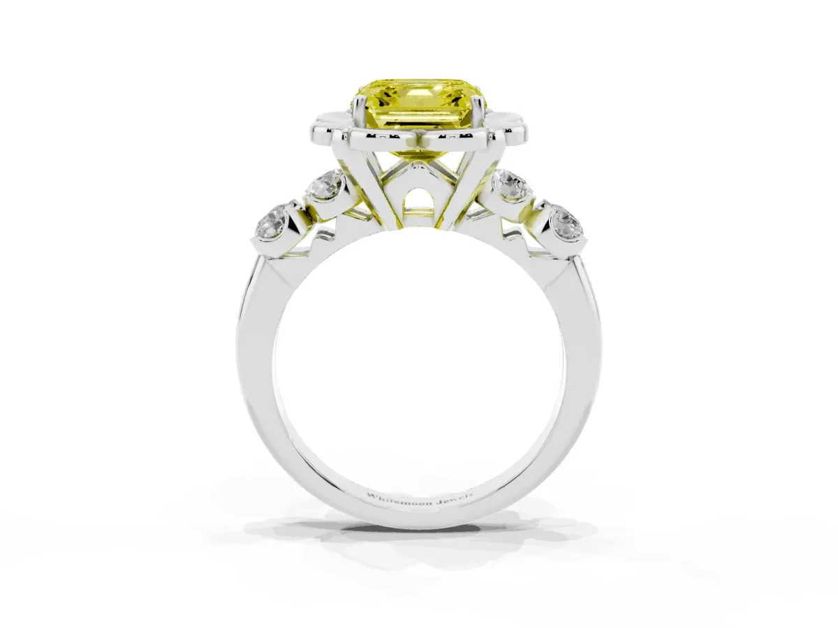 Fancy Yellow Asscher Cut Cut Diamond Floral Halo Engagement Ring with Shared Prong Setting Silver