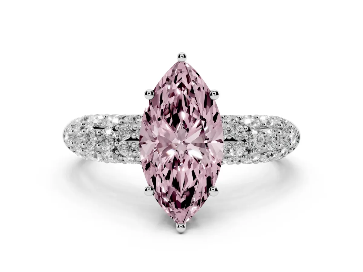 Fancy Pink Marquise Cut Diamond Pavé Band Solitaire Ring with Four-Prong Setting Silver