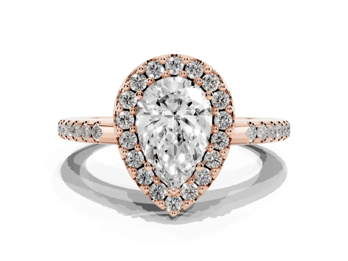 Pear Cut Diamond Pavé Halo Ring with Four-Prong Setting Rose gold