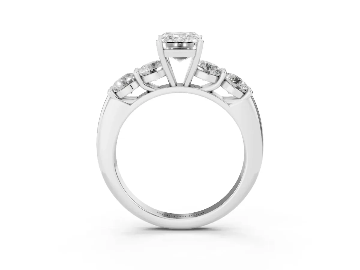 Emerald Cut Cut Five-Stone Prong Set Diamond Ring with Classic Band Silver