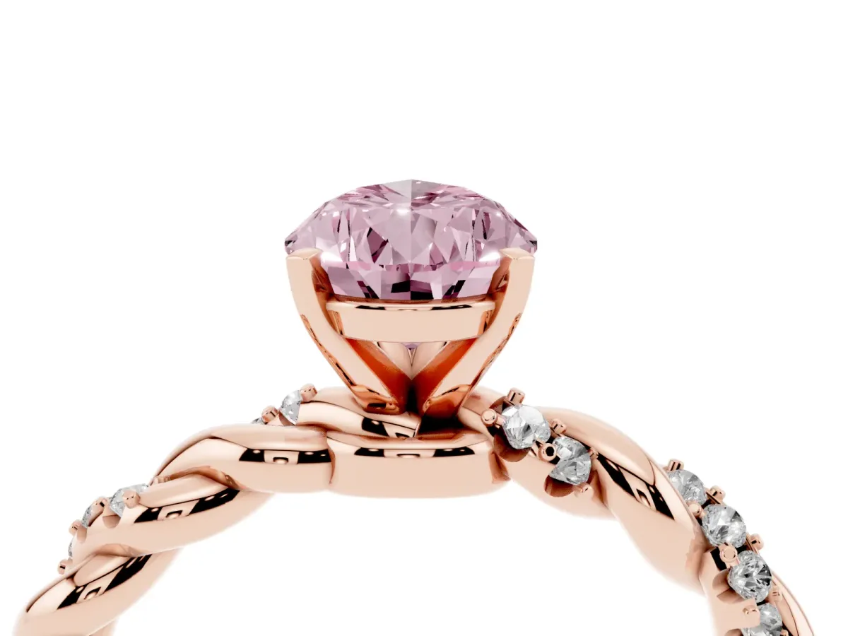Fancy Pink Pear Cut Diamond Solitaire Ring with Twisted Band and Pavé Accents Rose gold