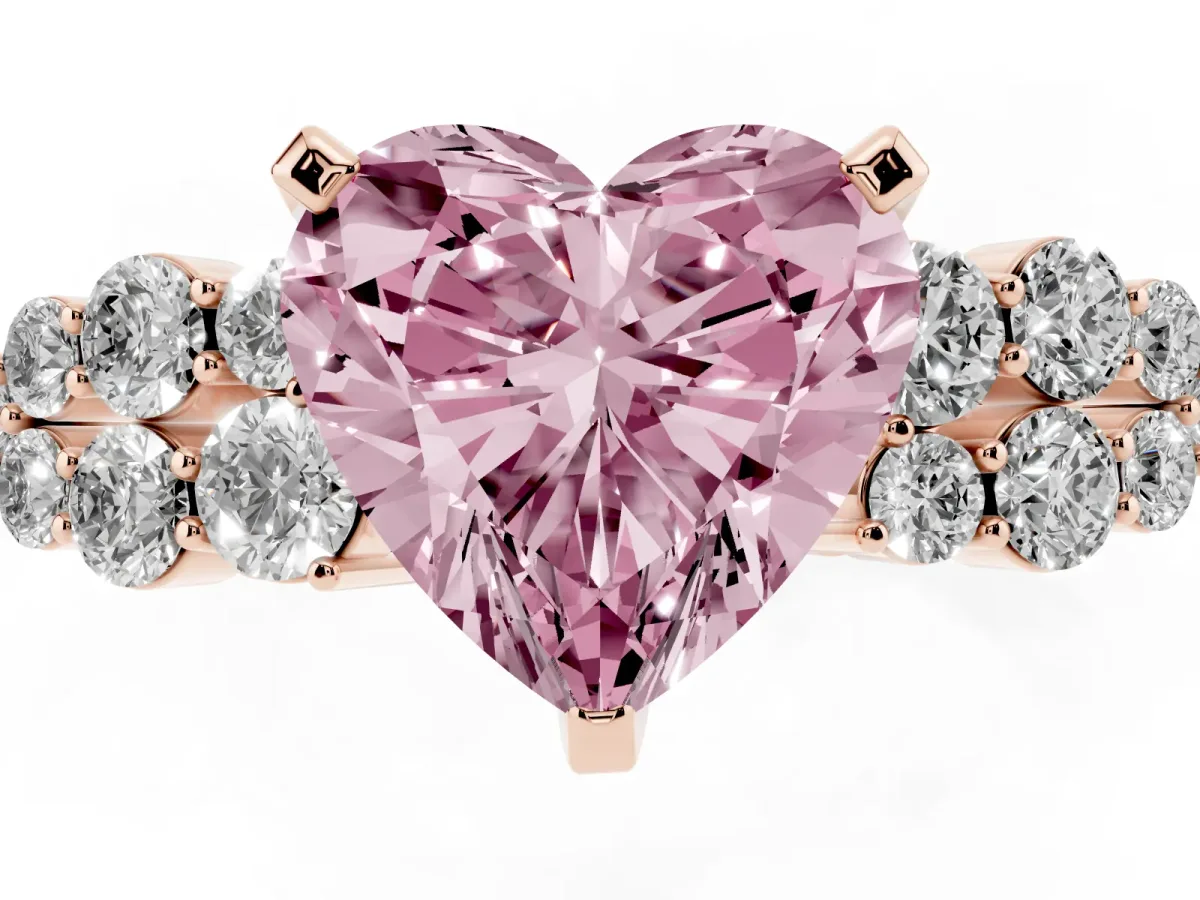 Fancy Pink Heart Cut Cluster Diamond Engagement Ring with Pavé Band and Four-Prong Setting Rose gold