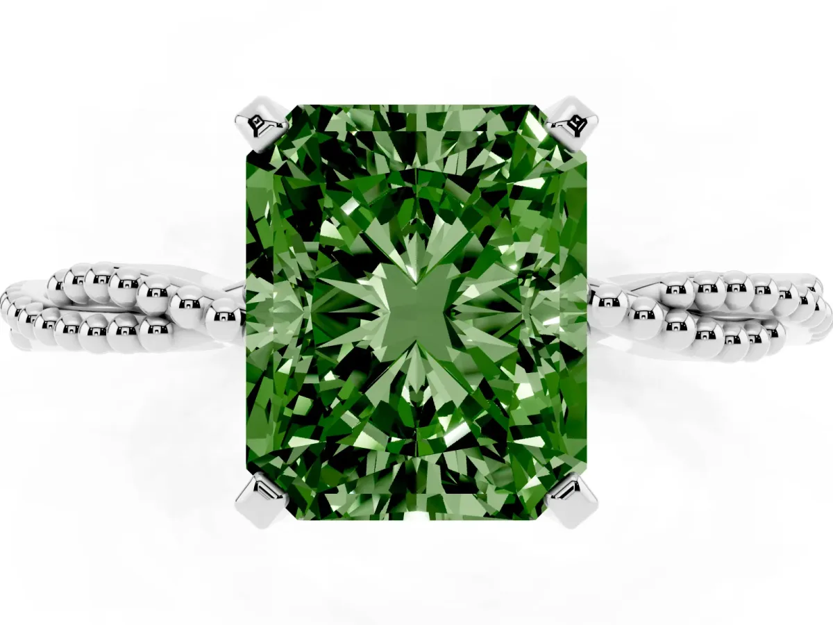 Fancy Green Radiant Cut Solitaire Twisted Band with Bead Prong Setting Silver