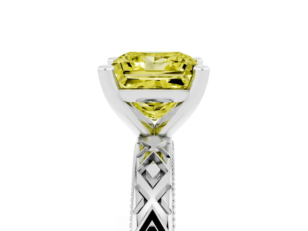 Fancy Yellow Princess Cut Solitaire Diamond Ring with Milgrain and Black Enamel X Pattern Band Silver