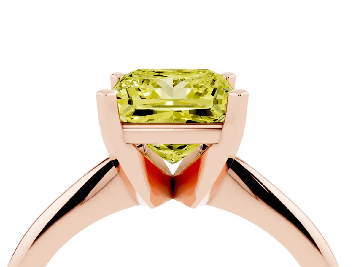 Fancy Yellow Princess Cut Cut Solitaire Ring with Four-Prong Setting on a Classic Band Rose gold