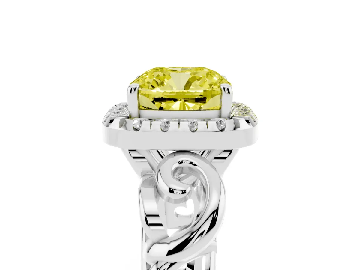 Fancy Yellow Cushion Cut Cut Halo Diamond Ring with Scrollwork Band and Four-Prong Setting Silver