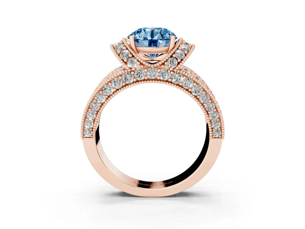 Fancy Blue Round Cut Halo Pave Diamond Engagement Ring with Milgrain Detailing Rose gold