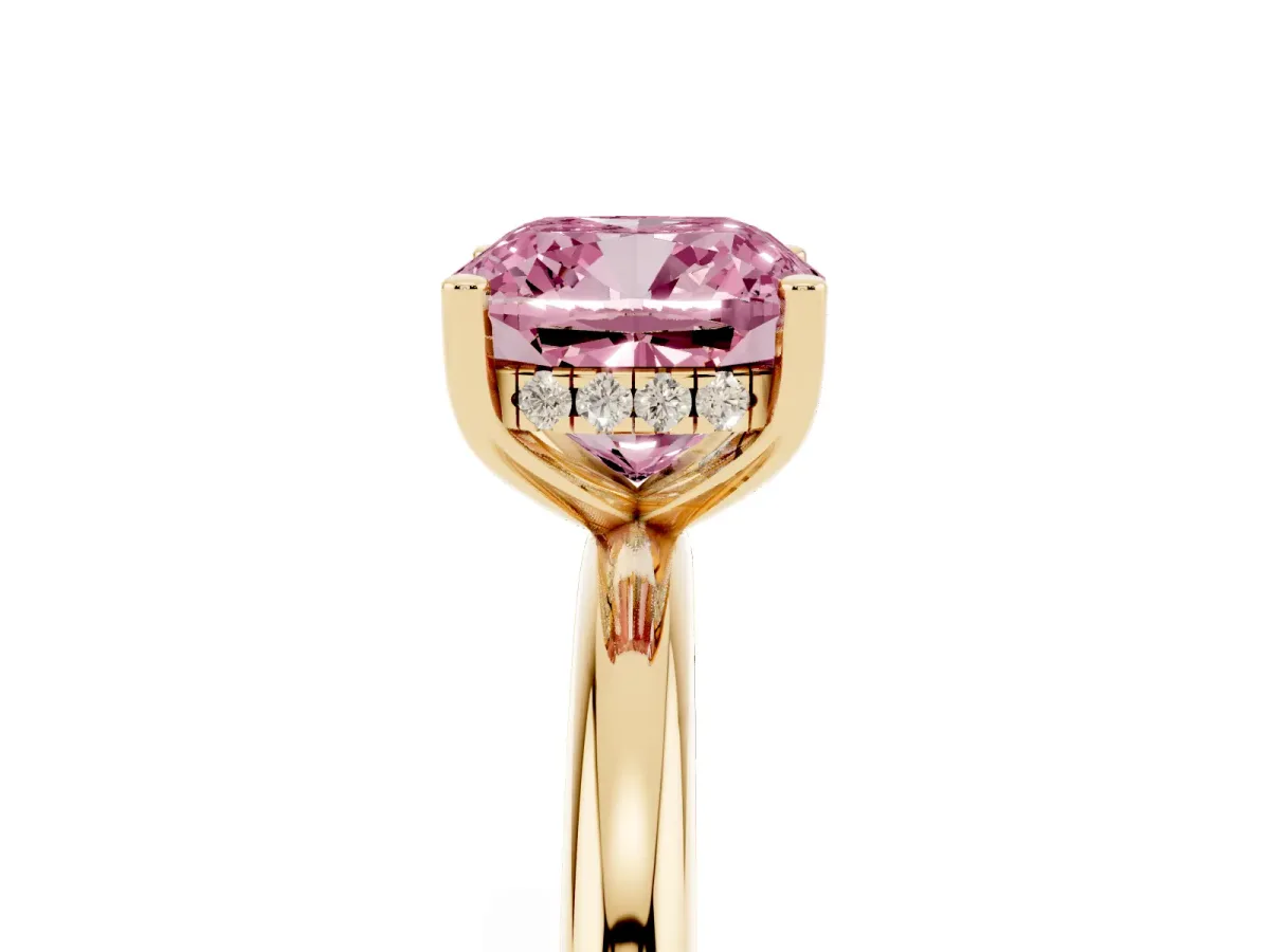 Fancy Pink Cushion Cut Cut Solitaire Engagement Ring with Four-Prong Setting and Classic Band Yellow gold