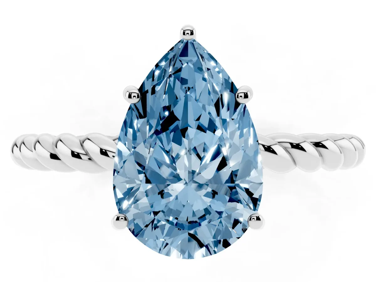 Fancy Blue Pear Cut Solitaire Twist Band Ring with Four-Prong Setting Silver
