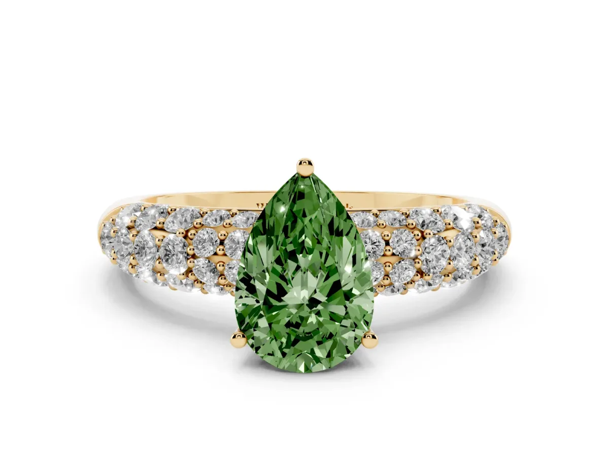 Fancy Green Pear Cut Diamond Pavé Band Solitaire Ring with Four-Prong Setting Yellow gold