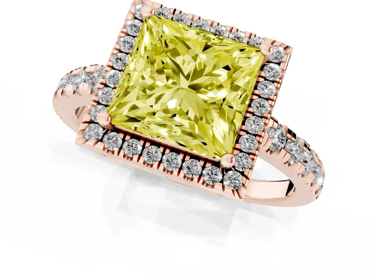 Fancy Yellow Princess Cut Diamond Halo Ring with Pavé Band and Four-Prong Setting Rose gold