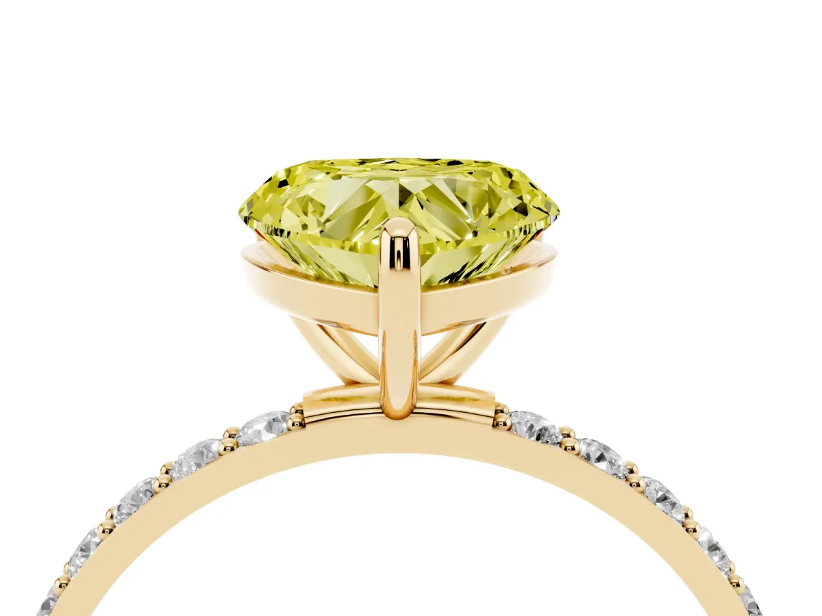 Fancy Yellow Heart Cut Diamond Solitaire Ring with Round Pavé Band and Prong Setting Yellow gold