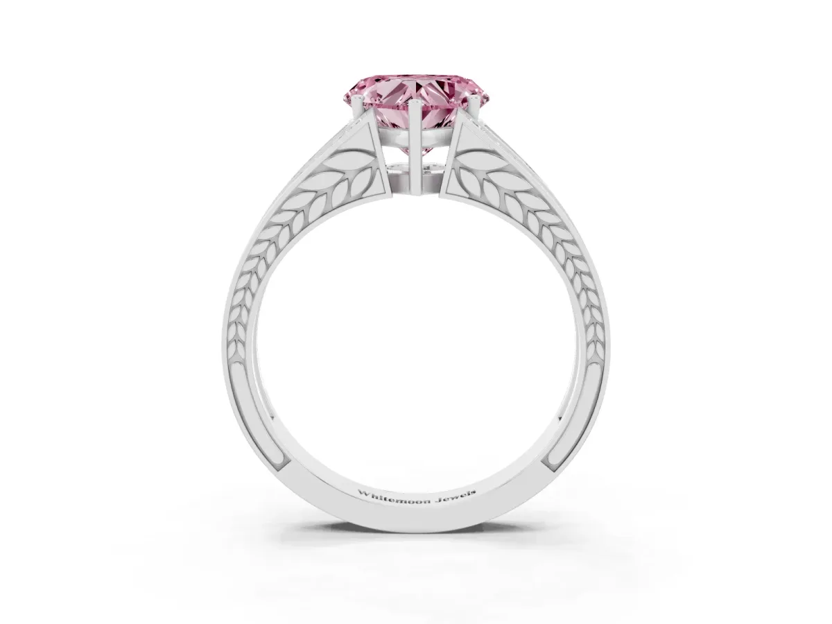Fancy Pink Heart Cut Diamond Split Shank Ring with Pavé Band and Four-Prong Setting Silver