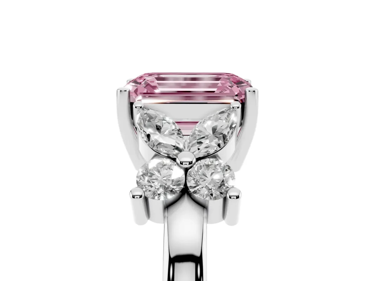 Fancy Pink Emerald Cut Diamond Floral Cluster Ring with Solitaire Band and Prong Setting Silver