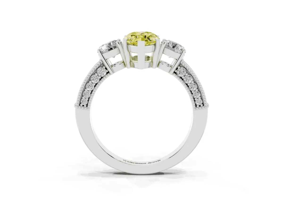 Fancy Yellow Marquise Cut Three-Stone Diamond Ring with Pavé Band and Four-Prong Setting Silver