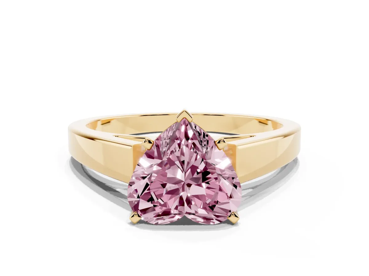 Fancy Pink Heart Cut Solitaire Engagement Ring with Four-Prong Setting and Tapered Band Yellow gold
