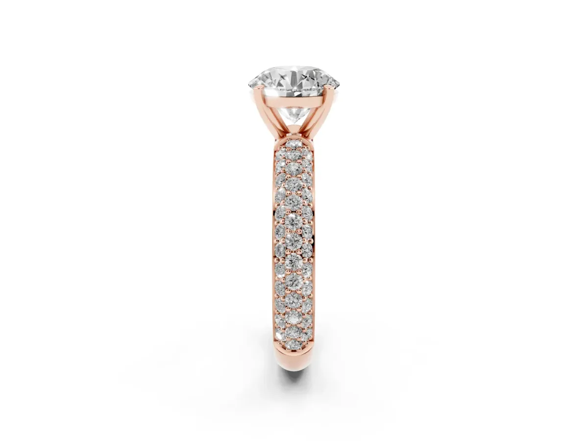 Round Cut Diamond Solitaire Ring with Prong Setting and Pavé Band Rose gold