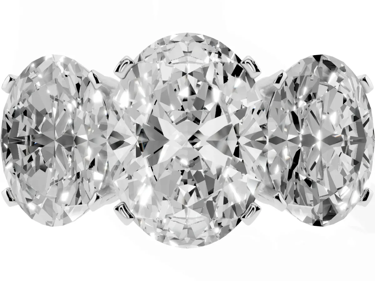Three-Stone Oval Cut Cut Diamond Ring with Channel Set Band and Four-Prong Setting Silver