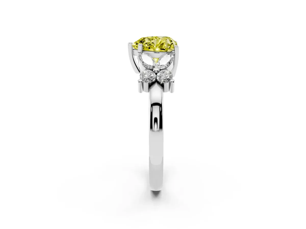 Fancy Yellow Heart Cut Diamond Floral Cluster Ring with Solitaire Band and Prong Setting Silver