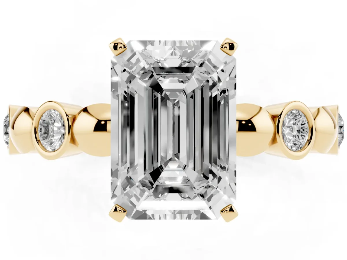Emerald Cut Solitaire Bezel-Set Diamond Ring with Beaded Band and Four-Prong Setting Yellow gold