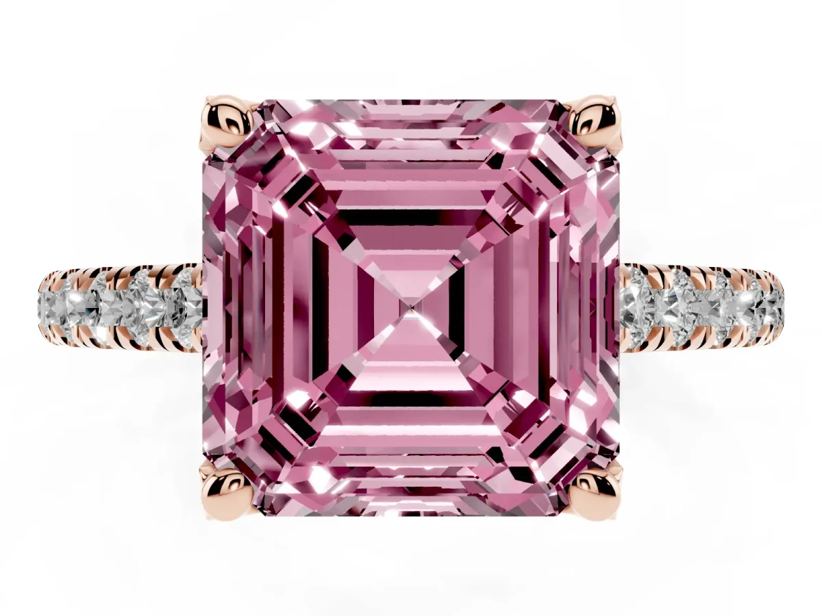 Fancy Pink Asscher Cut Brilliant Diamond Solitaire with Pavé Band and Four-Prong Setting Rose gold