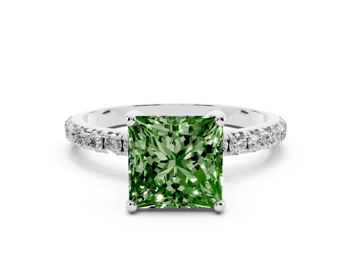 Fancy Green Princess Cut Cut Diamond Solitaire Ring with Micro Pave Band and Four Prong Setting Silver